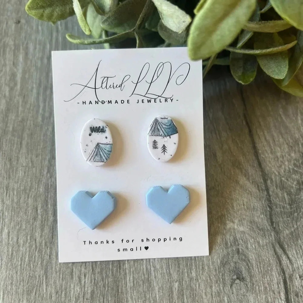 2/$30 Handmade Adventure Oval & Heart Stud Pack